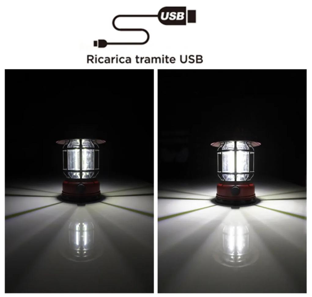 Lanterna Led da Campeggio Ricaricabile USB e Pannello Solare Batteria 1200mAh Luce Regolabile