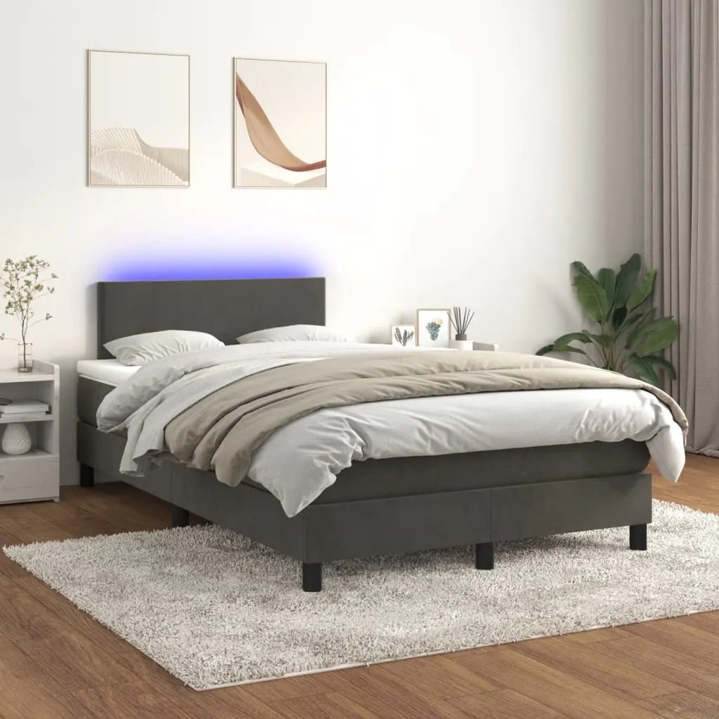 Letto a Molle Materasso e LED Grigio Scuro 120x190cm in Velluto