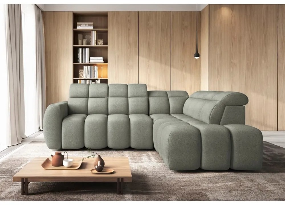 Divano angolare verde polveroso allungabile/con contenitore (con penisola a destra/a L) e rivestimento in bouclé Falconn – ELTAP