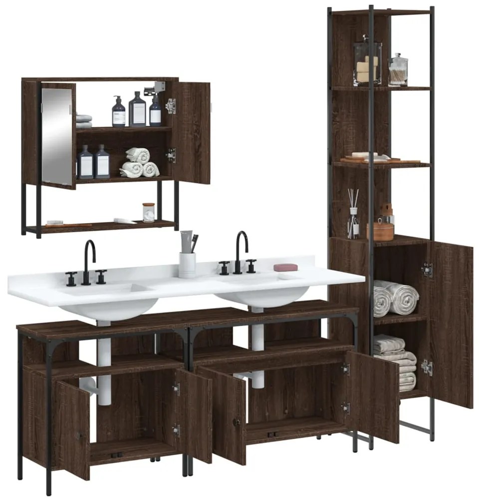 Set mobili da bagno 4 pz rovere marrone in legno multistrato