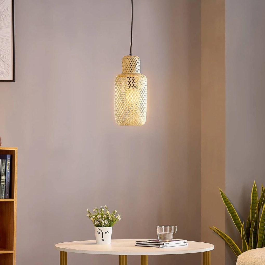 Lampada a sospensione Venora Lindby, dimmerabile, Legno chiaro, Soggiorno / Sala da pranzo, bambù, Campagna / Rustiche, Lampada a sospensione