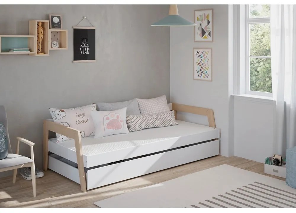 Letto da bambini estraibile bianco in pino massiccio con contenitore con rete inclusa 90x200 cm Carrie – Marckeric