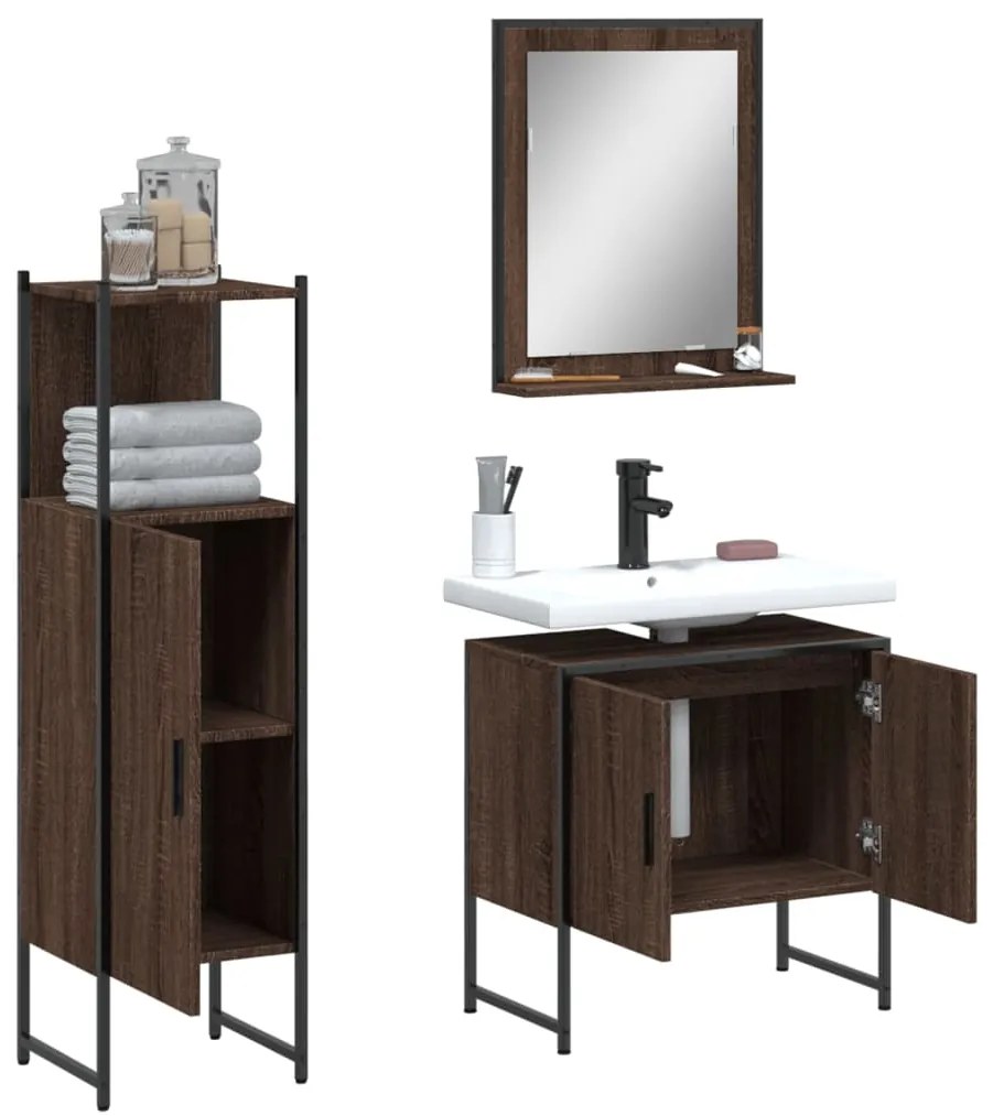 Set mobili da bagno 3 pz rovere marrone in legno multistrato