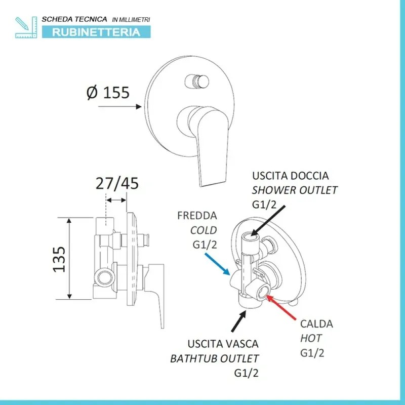 Set miscelatori lavabo bidet e doccia incasso nero opaco Mariani Artic