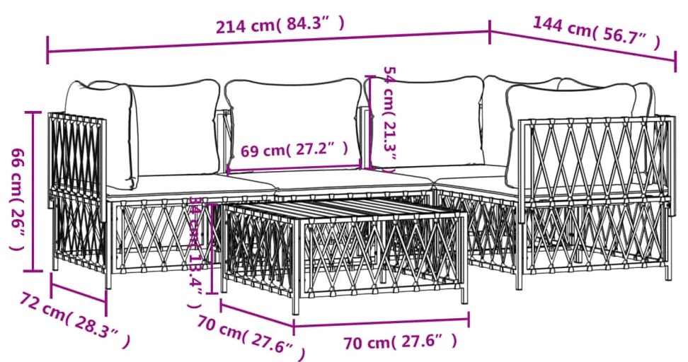 Set Salotto da Giardino 5 pz con Cuscini in Acciaio Bianco