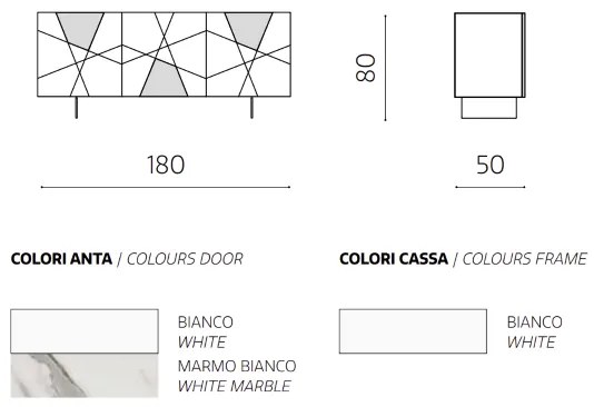 Madia 3 ante inserti vetro effetto marmo L180 2 piedini ADEL Bianco