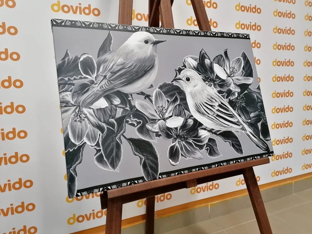 Stampa su tela – Uccellini e fiori in bianco e nero in versione vintage