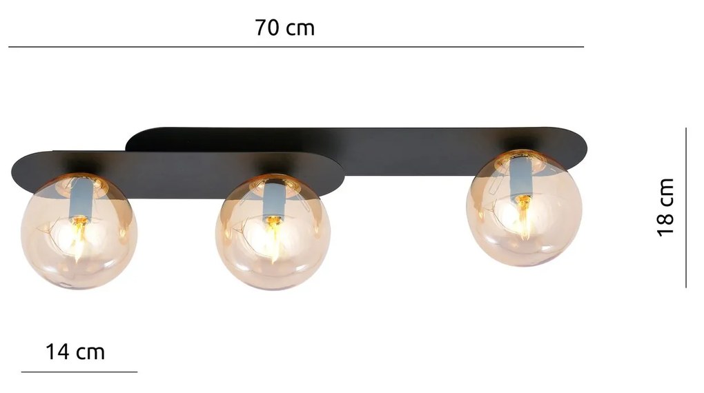 Plafoniera Minimal 3 Luci Plaza In Acciaio Nero E Sfere Vetro Ambra