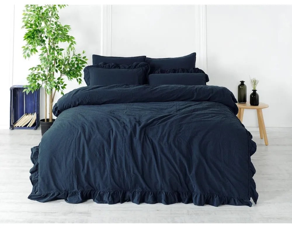 Set copripiumino e federa blu scuro in cotone renforcé per letto matrimoniale ed esteso 240x220 cm Ruffle Striped – Mila Home Luxury