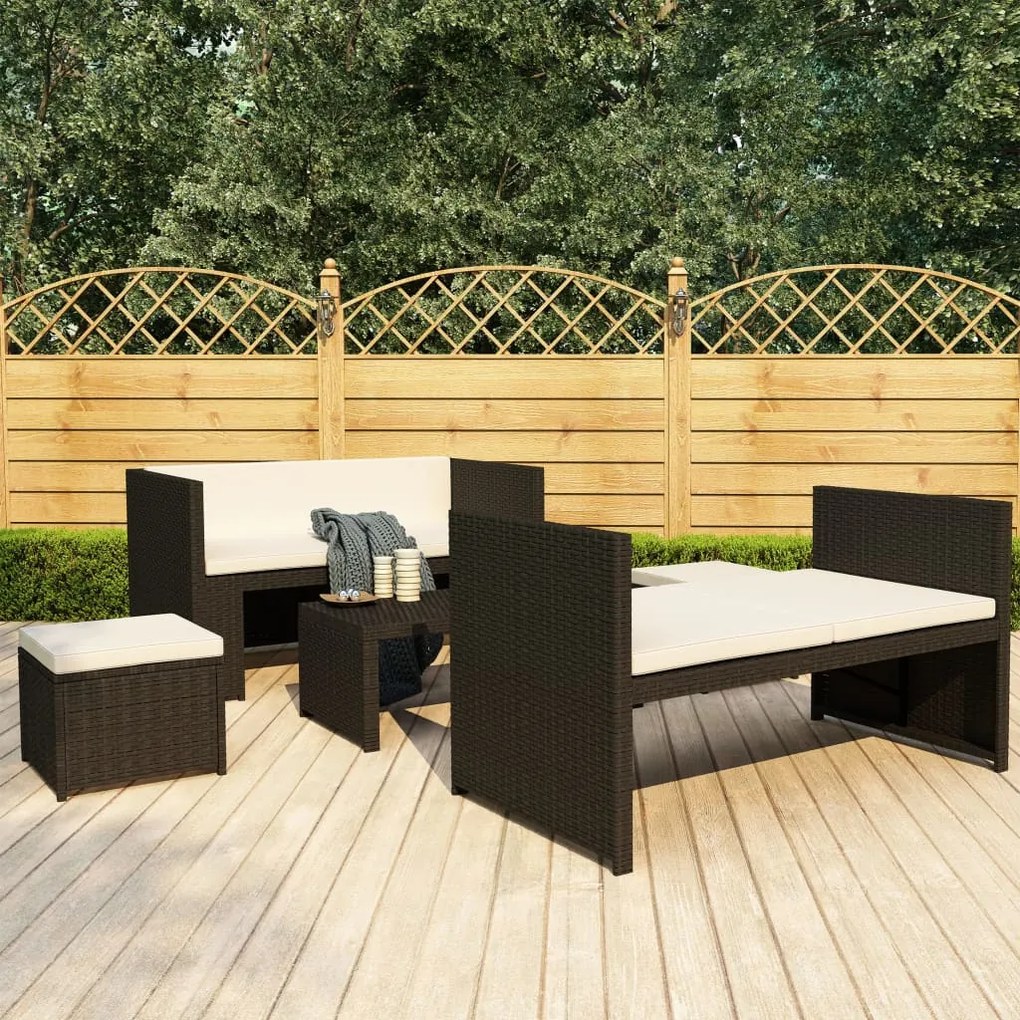 Set divani da giardino 5 pz con cuscini in polyrattan nero