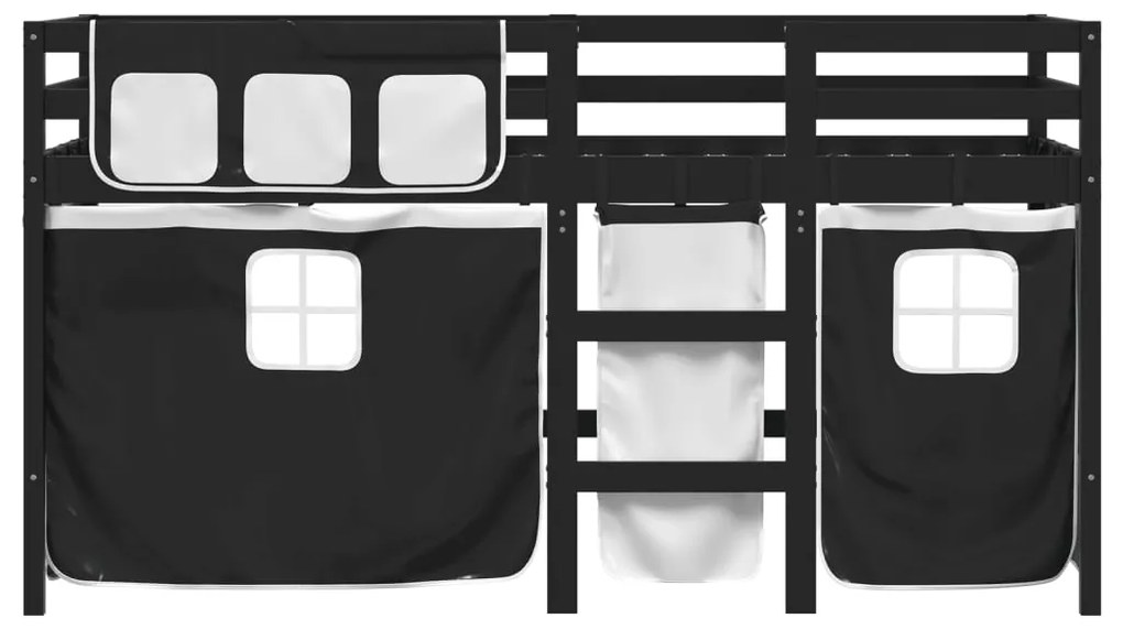 Letto a soppalco con tende bambini bianco e nero 80x200 cm pino