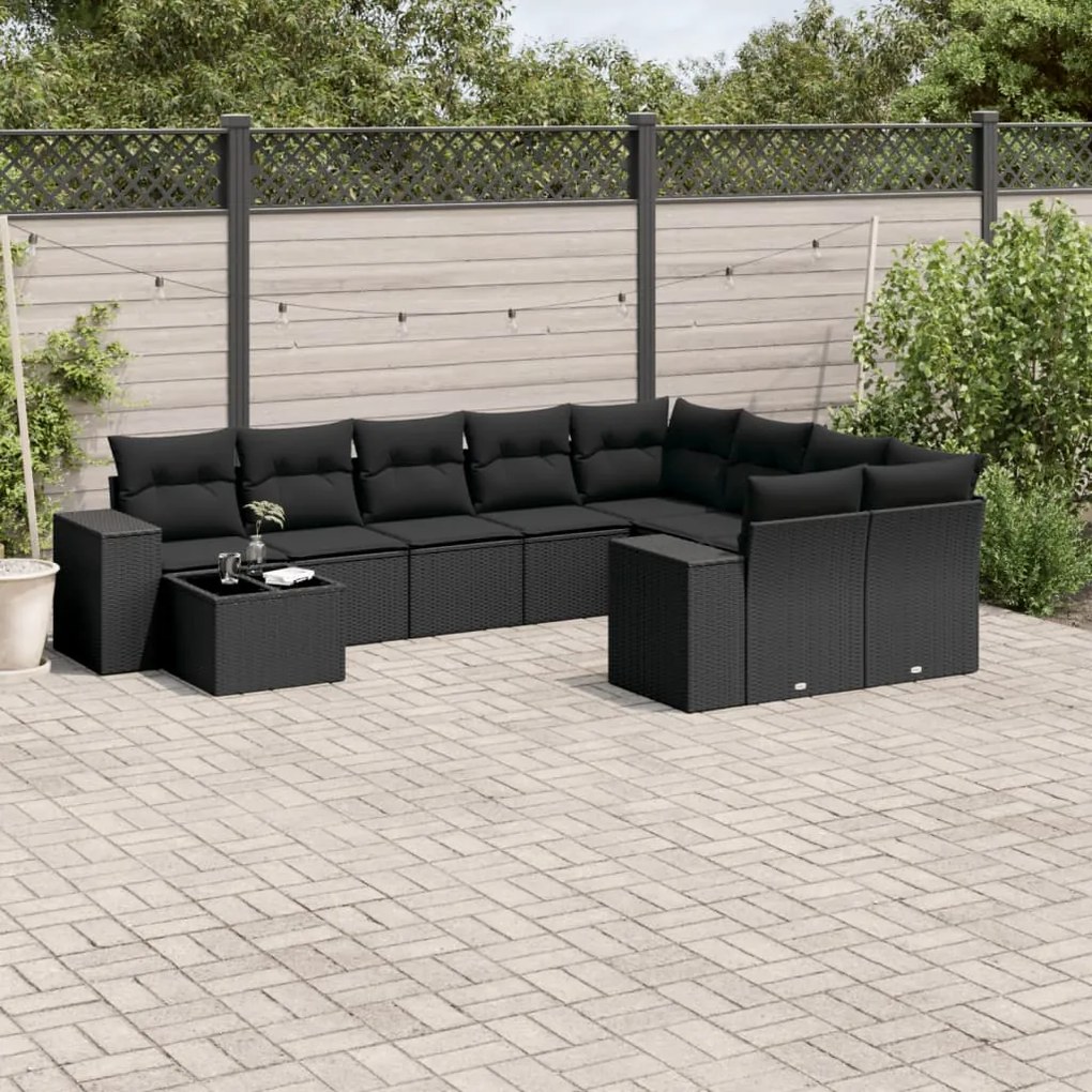 Set divani da giardino 10pz con cuscini in polyrattan nero