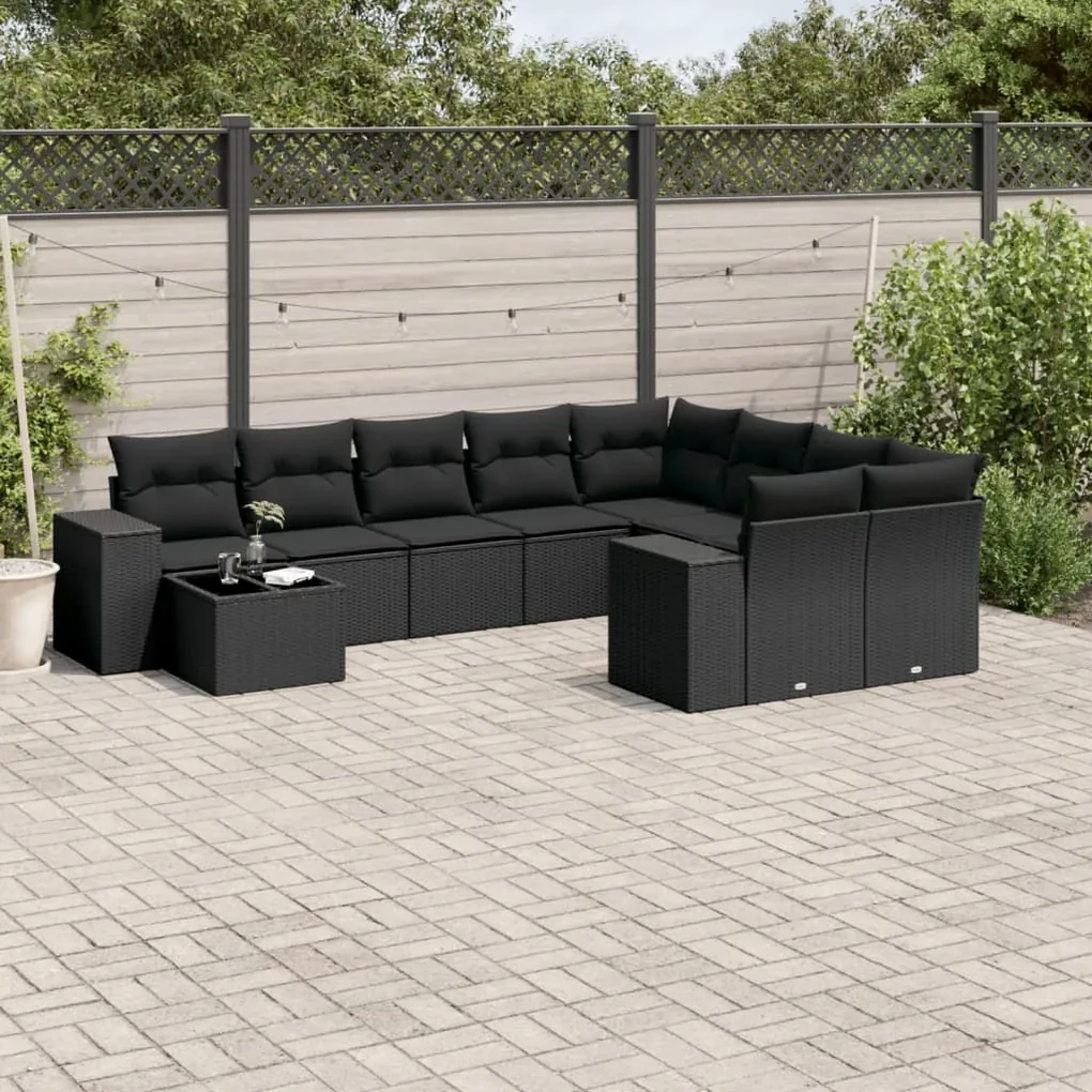 Set divani da giardino 10pz con cuscini in polyrattan nero