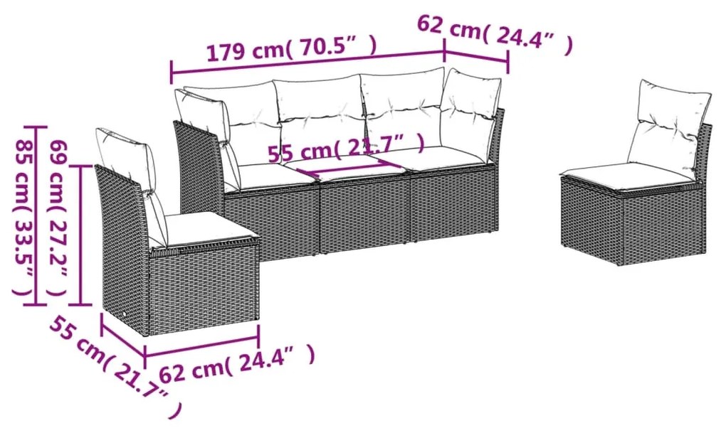 Set divano da giardino 5 pz con cuscini marrone in polyrattan