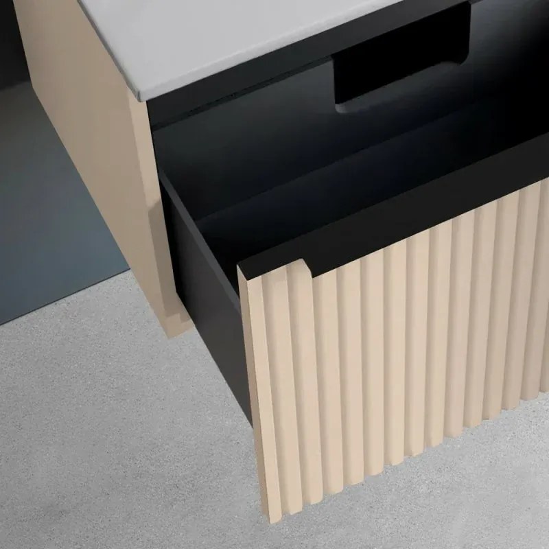 Mobile bagno sospeso 100 cm cappuccino cannettato con cassetto, specchio e lavabo Nara