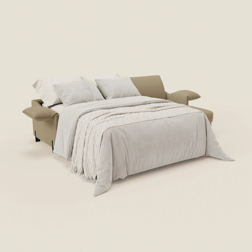 Primula divano letto angolare con materasso H18 cm - penisola contenitore in tessuto smacchiabile T05 cammello