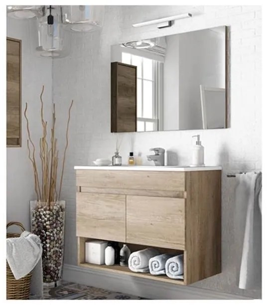 Mobile bagno sospeso 80 cm con colonna, lavabo e specchio rovere - Dakota 96250