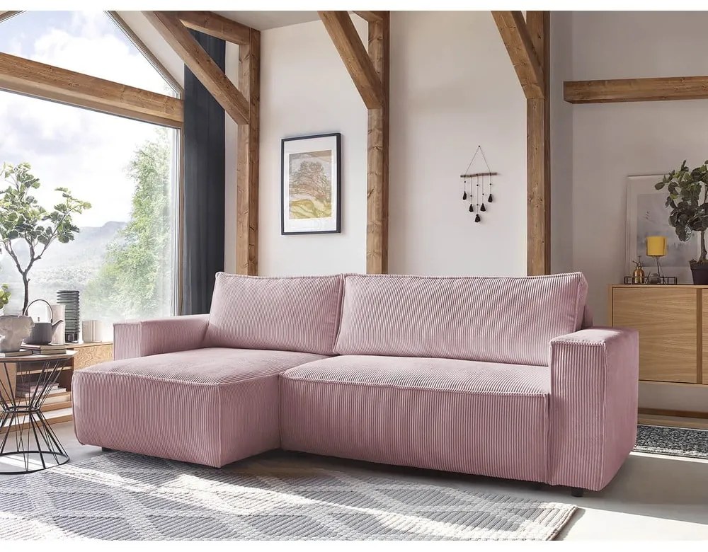 Divano letto in velluto a coste rosa chiaro divano ad angolo variabile Nihad - Bobochic Paris
