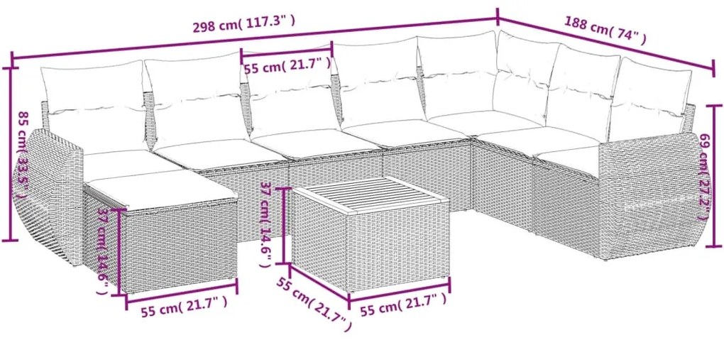 Set divano da giardino 9 pz con cuscini beige in polyrattan