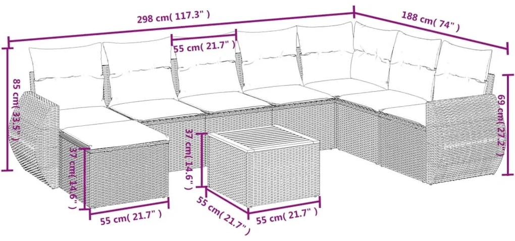 Set divano da giardino 9 pz con cuscini beige in polyrattan