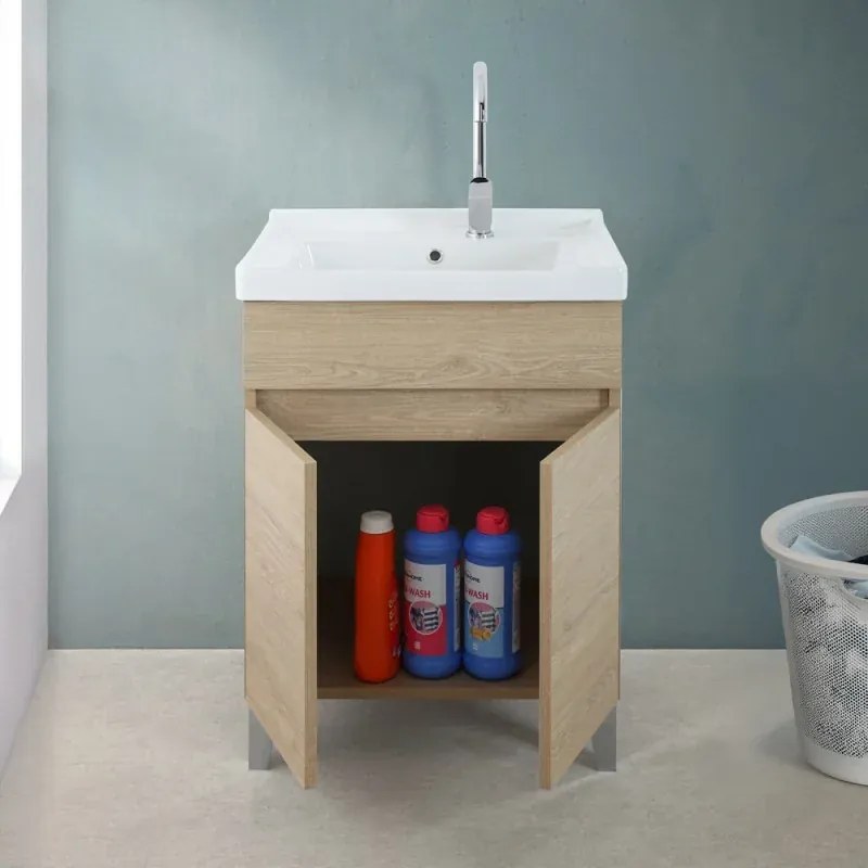 Mobile lavatoio 60x46,8 cm rovere dolomite con vasca in ceramica bianca