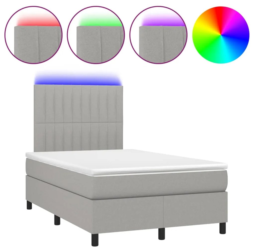 Letto a molle materasso e led grigio chiaro 120x190 cm tessuto