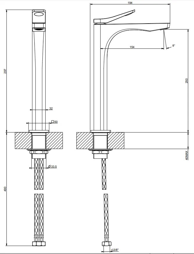 Miscelatore Lavabo Alto Senza Scarico Con Flessibili Di Collegamento Cromo Rilievo 59004 Gessi