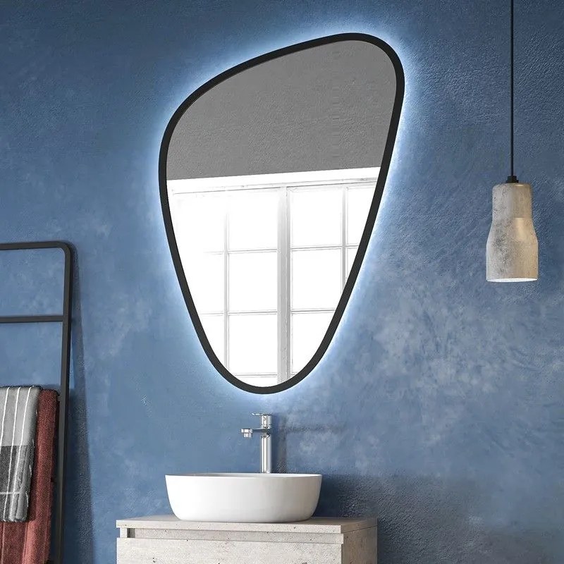 Kamalu - specchio bagno led 65x100 cm forma a goccia cornice nera | kam-el6500n