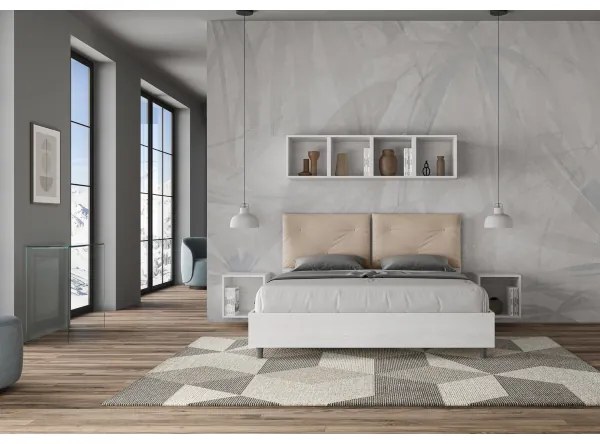 Letto matrimoniale contenitore 160x190 bianco frassino cuscini similpelle tortora Egos Appia