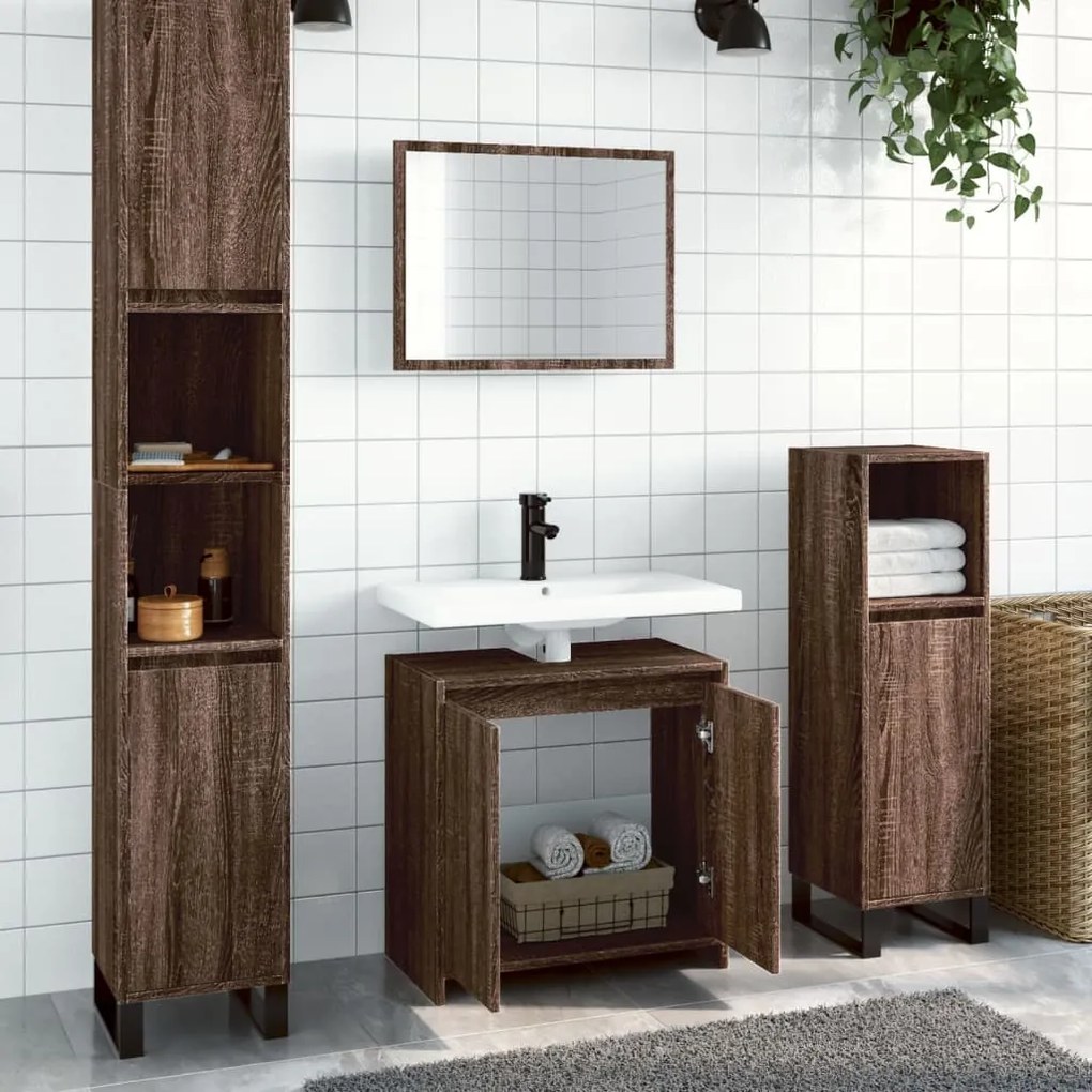 Set mobili da bagno 2 pz rovere marrone in legno multistrato