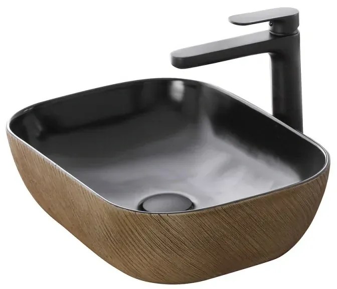 Lavabo da appoggio 45x32 cm in ceramica nero opaco con dettagli oro