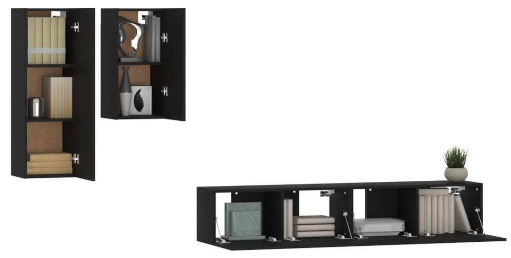 Set mobili porta tv 4 pz nero in legno multistrato