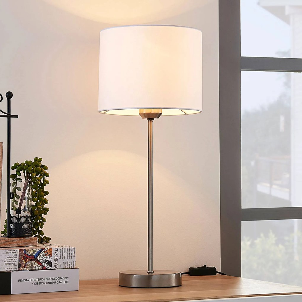 Lampada da tavolo Lindby Annatina, bianco, nichel, altezza 48 cm, tessuto