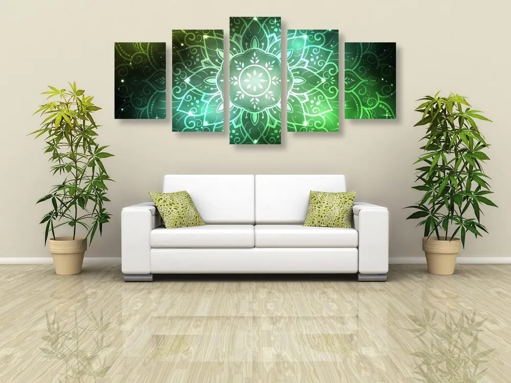 Quadri 5 pezzi – Mandala con sfondo galattico in tonalità di verde