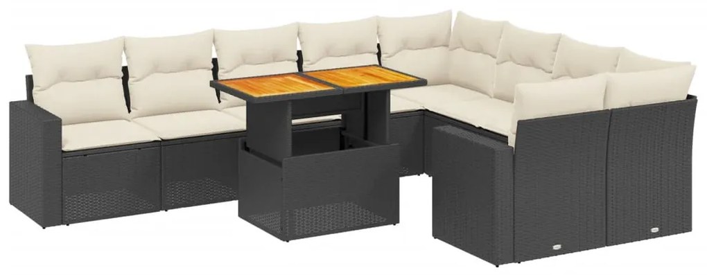Set divani da giardino 10pz con cuscini in polyrattan nero