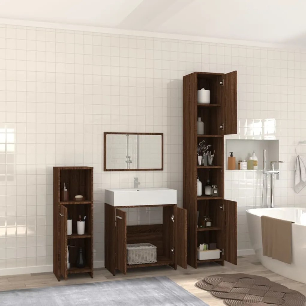 Set mobili da bagno 4 pz rovere marrone in legno multistrato