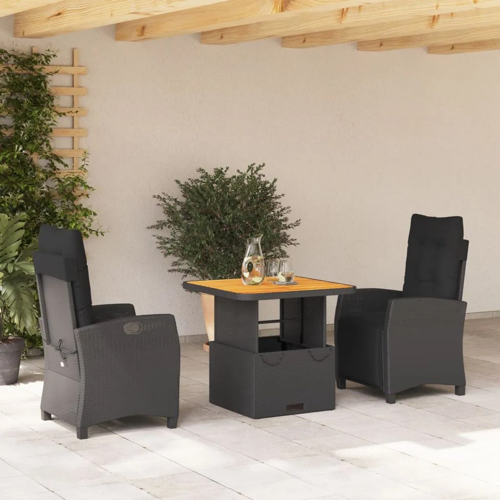 Set Da Pranzo Da Giardino 3 Pz Con Cuscini Nero İn Polyrattan /