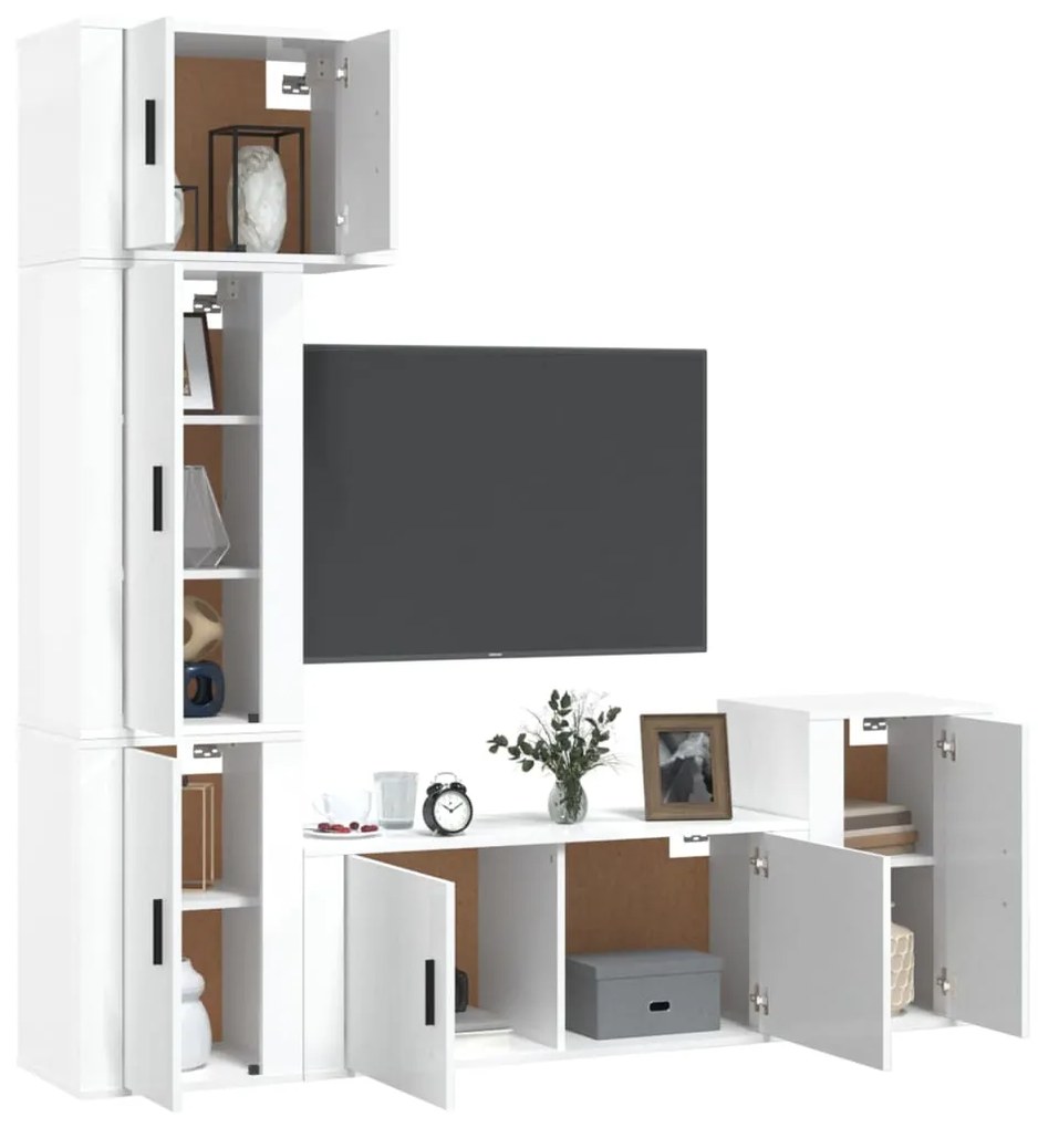 Set di mobili porta tv 5 pz bianco lucido in legno multistrato