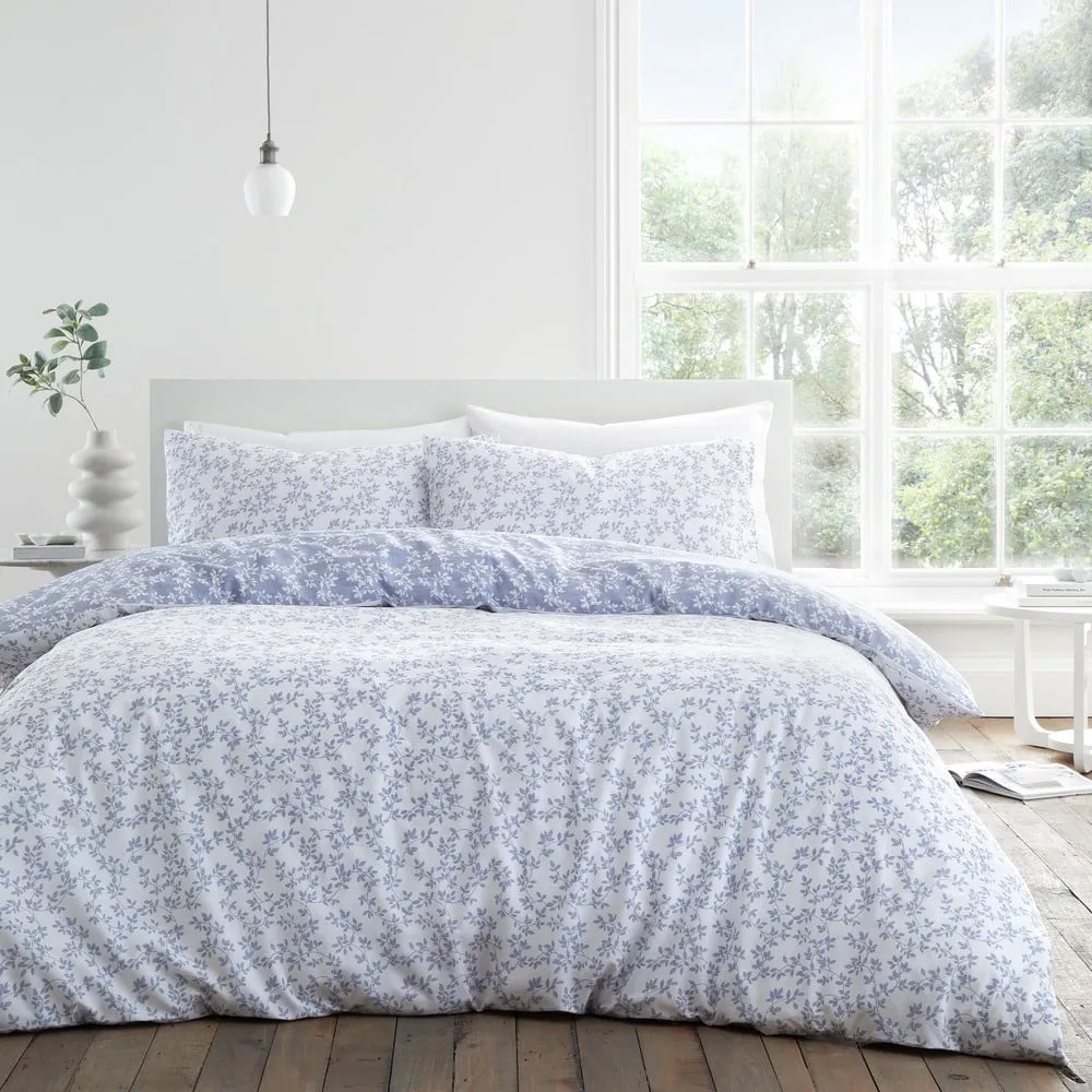 Biancheria da letto singola in cotone blu e bianco 135x200 cm Shadow Leaves - Bianca