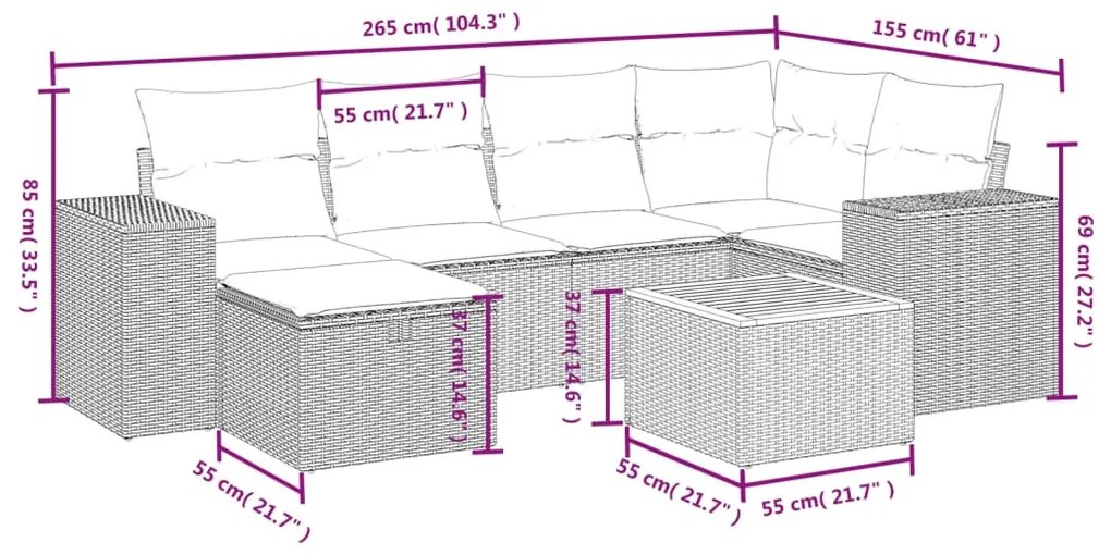 Set divani da giardino 7 pz con cuscini beige in polyrattan