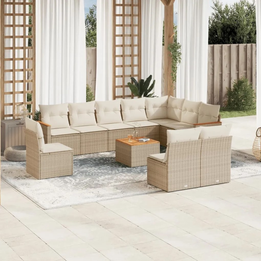 Set divani da giardino 11 pz con cuscini beige in polyrattan