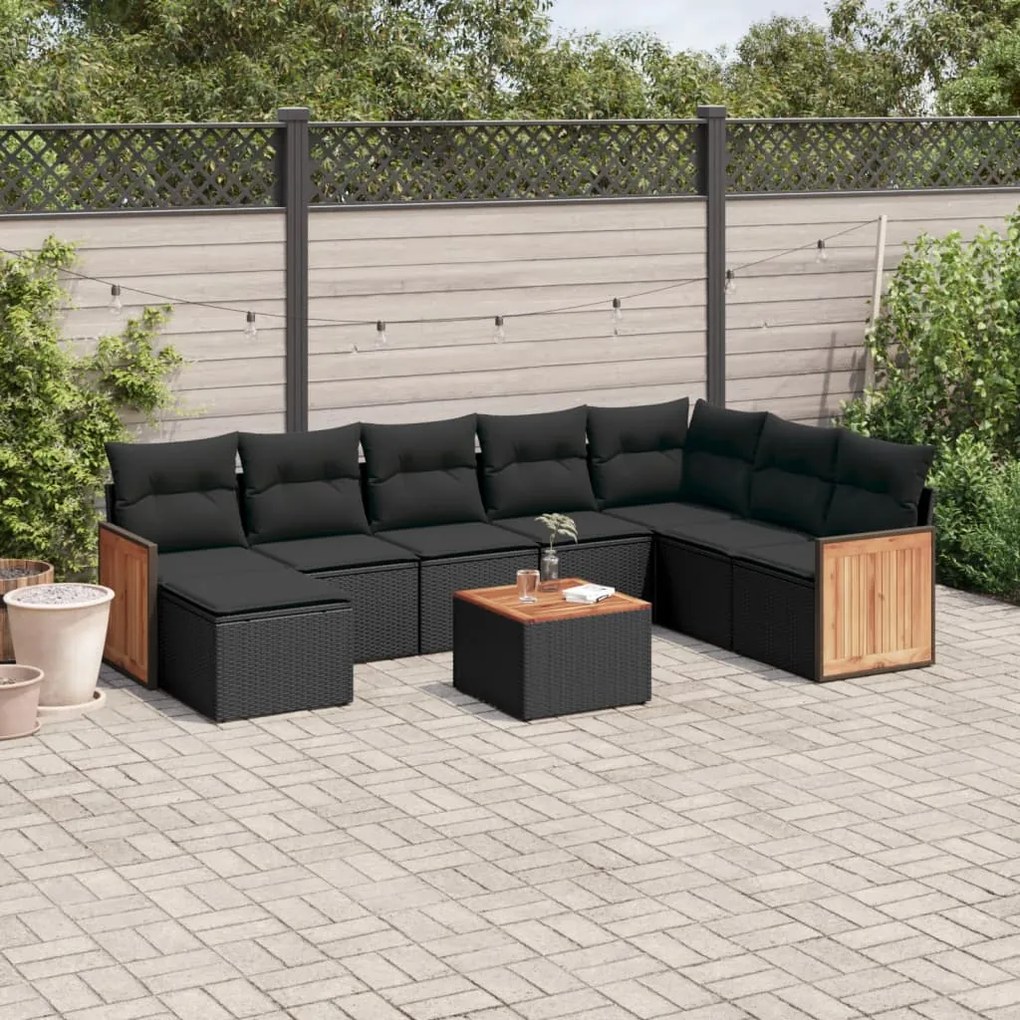 Set divani da giardino 9 pz con cuscini nero in polyrattan