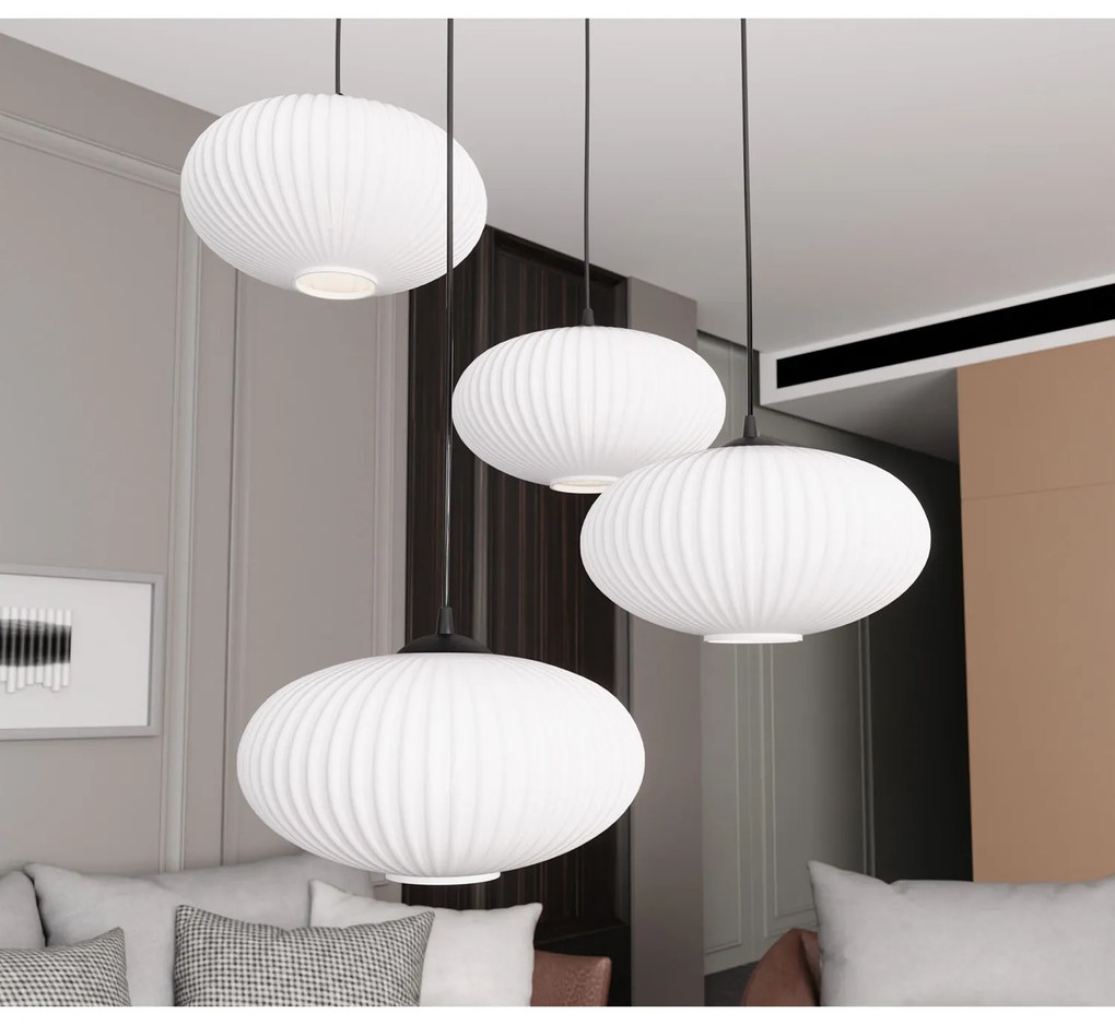 Lampadario 4 Luci Iris Base Tonda In Acciaio Nero Paralume Plissettato Bianco