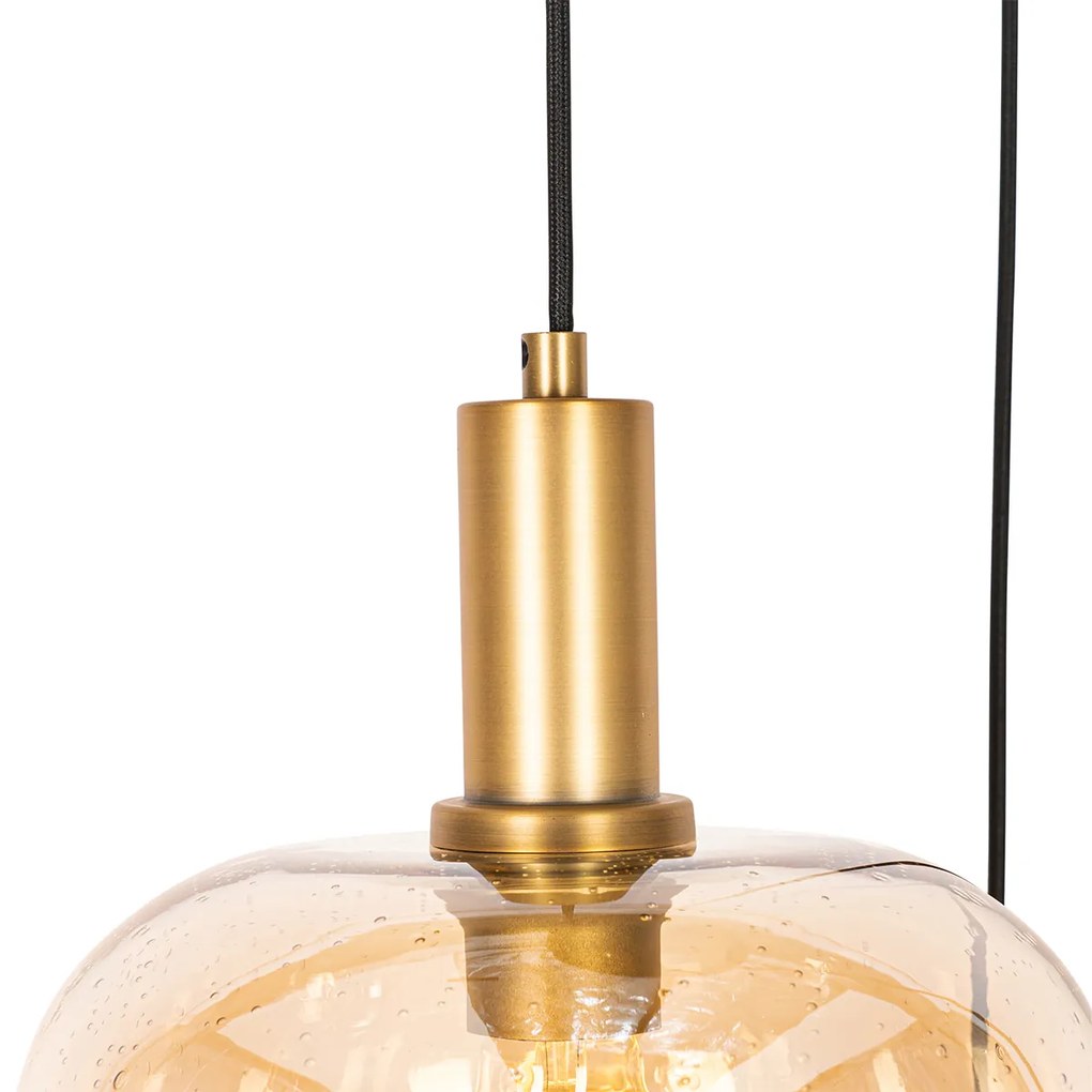 Lampada a sospensione di design nera con ottone e vetro ambrato 3 luci - Zuzanna