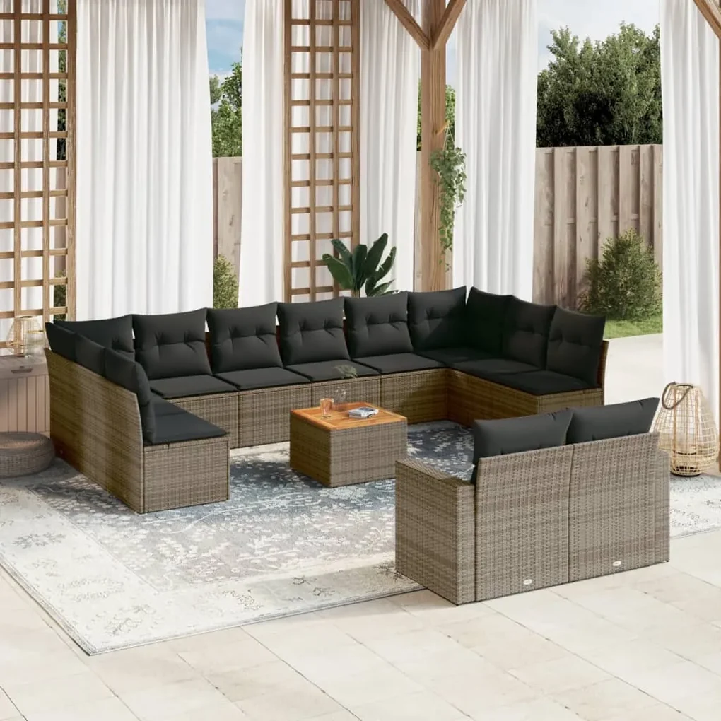 Set divani da giardino 13 pz con cuscini grigio in polyrattan