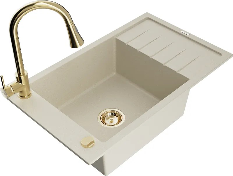Mexen Elias lavello da cucina in granito 1-vasca con gocciolatoio e rubinetto da cucina Elia, beige - 6511-69-670101-50