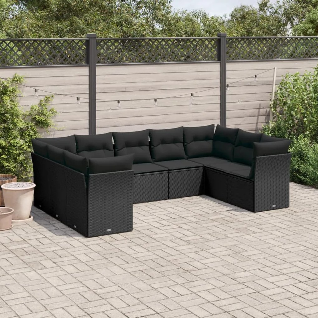 Set divani da giardino 9 pz con cuscini nero in polyrattan