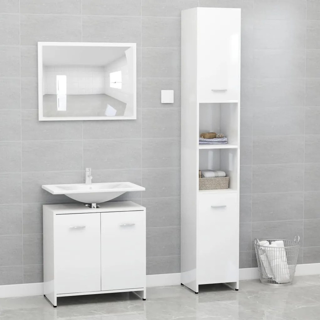 Set Mobili Da Bagno 3 Pz Bianco Lucido İn Truciolato /