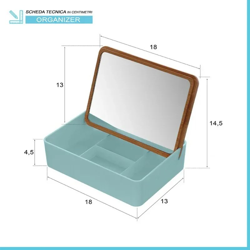 Organizer trucchi in plastica turchese completo di specchio con dettagli in bambù