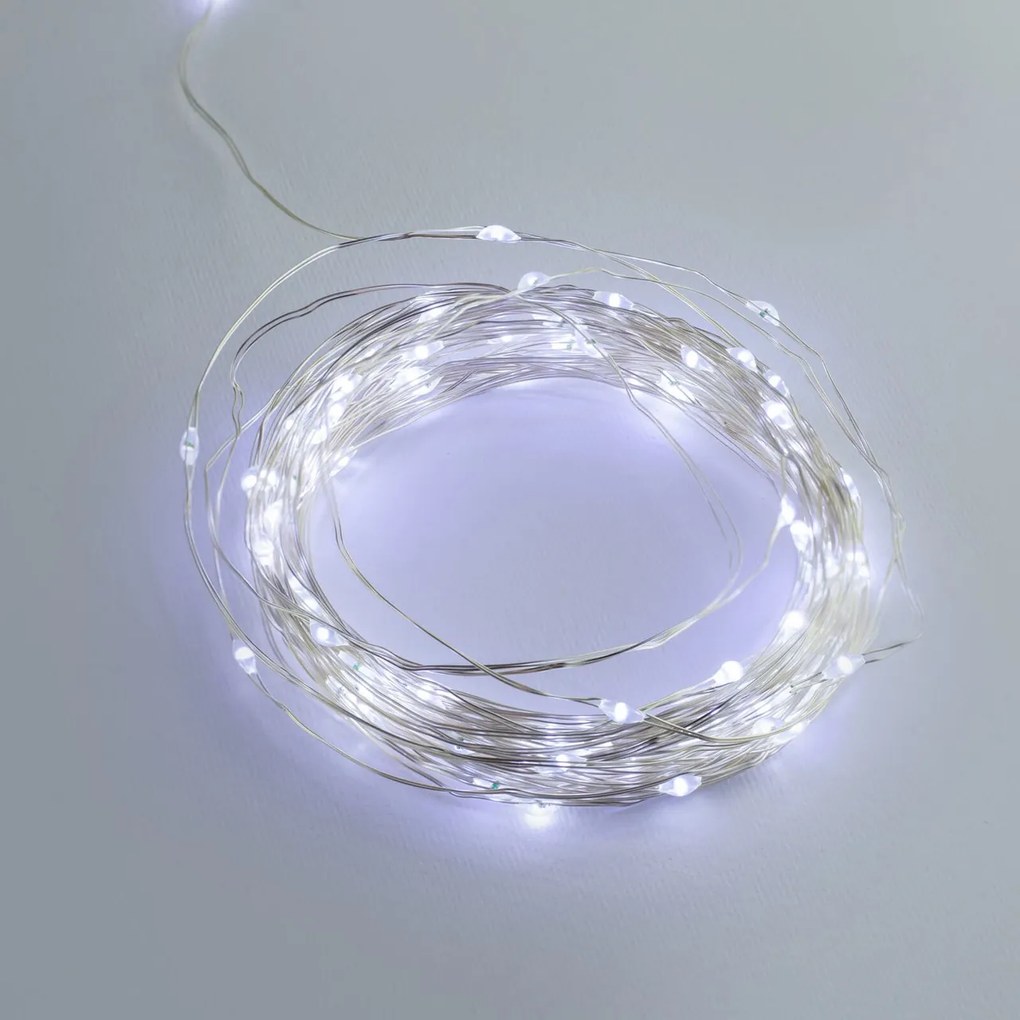 Mini LED 8 GIOCHI DI LUCE 15m Cavo ARGENTO IP44 Colore Bianco Freddo 7500 - 8500 °K